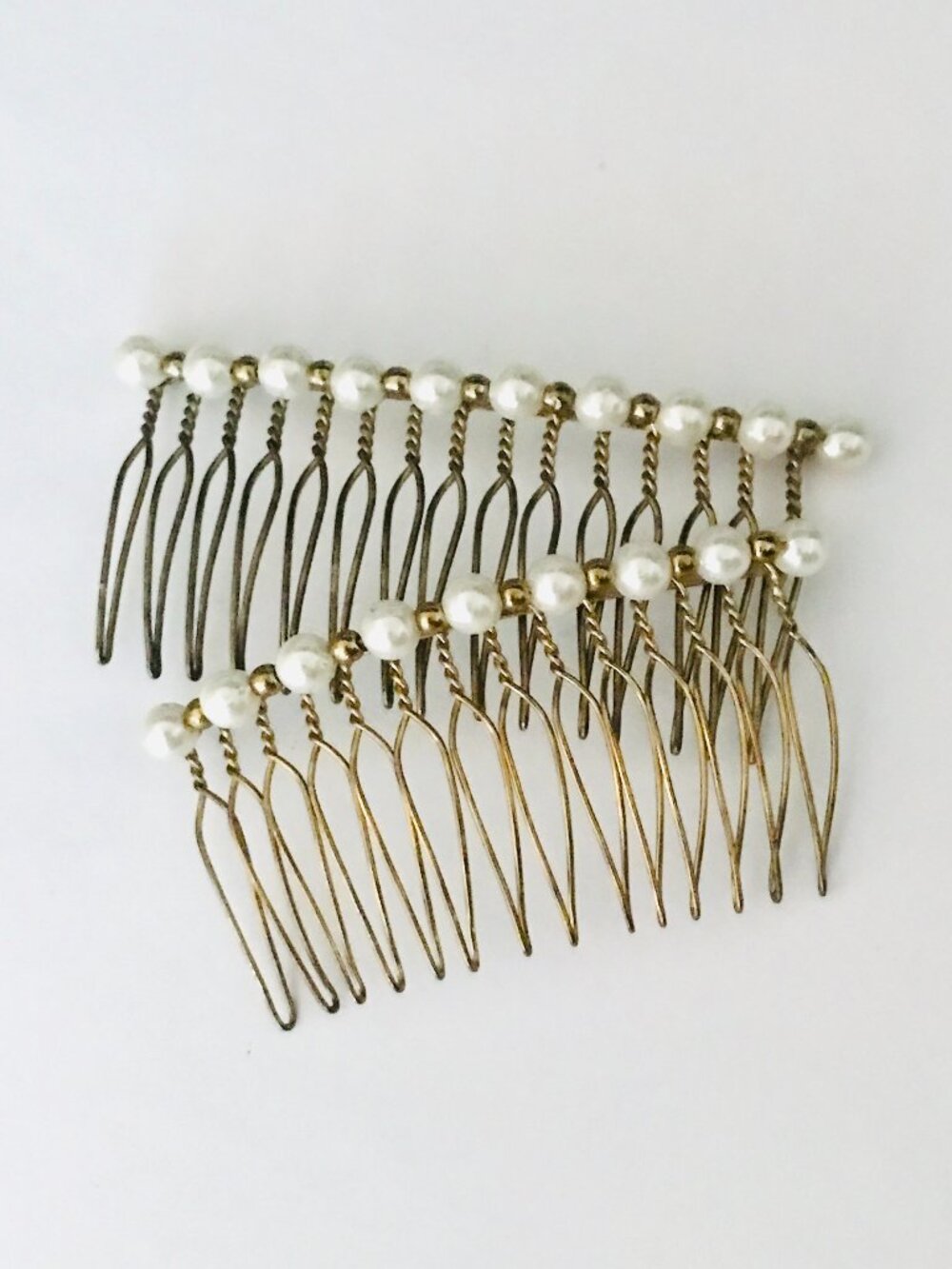 2 Vintage Faux White Pearl Gold Tone Metal Hair Combs Two Sizes